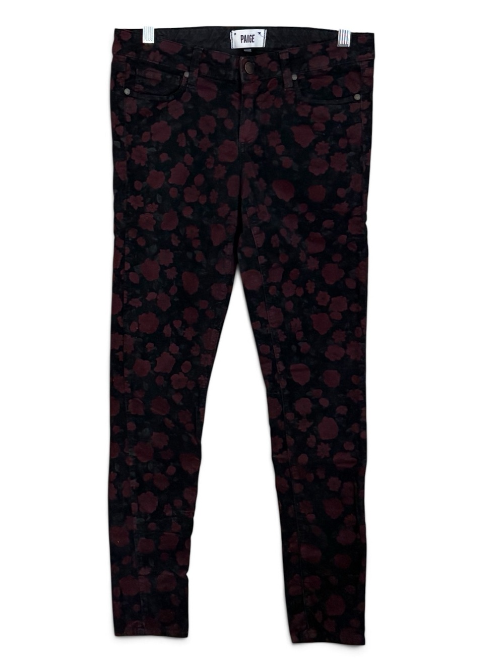 PAIGE Black Verdugo Ultra Skinny Corduroy Jeans with Burgundy Floral Print